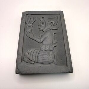 Vintage Maya Relief Carving Stone Tablet Art Figurine Man Holding Torch